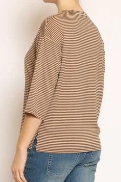 T-shirt righe a scatola in jersey manica 3/4 moro/beige