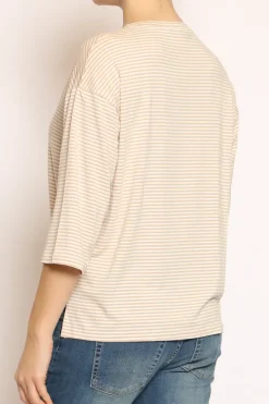 T-shirt righe a scatola in jersey manica 3/4 beige/bianco