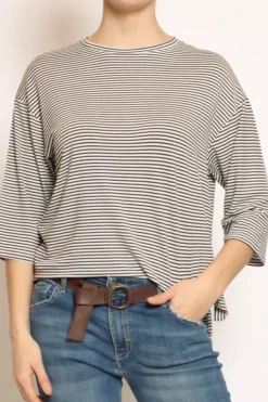 T-shirt righe a scatola in jersey manica 3/4 militare/bianco