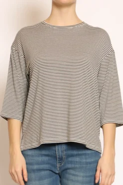 T-shirt righe a scatola in jersey manica 3/4 militare/bianco