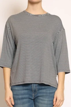 T-shirt righe a scatola in jersey manica 3/4 moro/celeste
