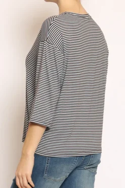 T-shirt righe a scatola in jersey manica 3/4 moro/celeste