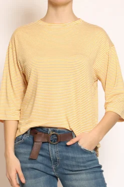 T-shirt righe a scatola in jersey manica 3/4 senape/bianco