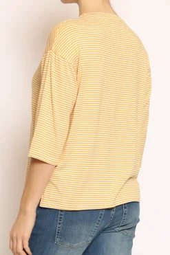 T-shirt righe a scatola in jersey manica 3/4 senape/bianco