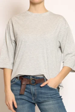 T-shirt righe a scatola in jersey manica 3/4 grigio/bianco