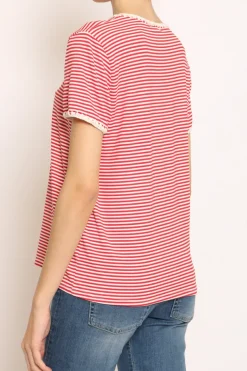 T-shirt righe fine con macramu00e8 bianco/rosso