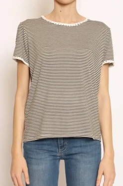 T-shirt righe fine con macramu00e8 bianco/militare