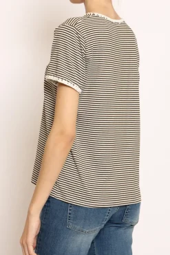 T-shirt righe fine con macramu00e8 bianco/militare