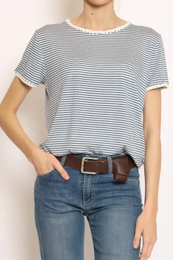 T-shirt righe fine con macramu00e8 bianco/jeans