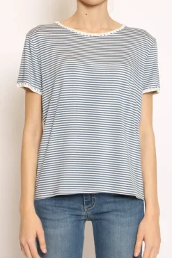 T-shirt righe fine con macramu00e8 bianco/jeans