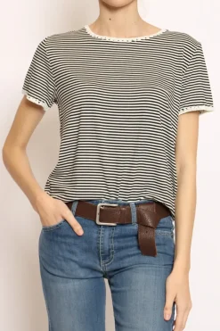 T-shirt righe fine con macramu00e8 bianco/nero
