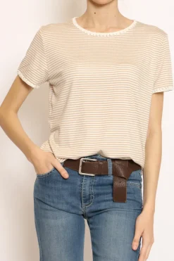 T-shirt righe fine con macramu00e8 bianco/beige