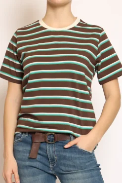 T-shirt righe girocollo moka/azzurro/verde