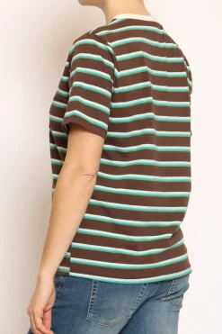 T-shirt righe girocollo moka/azzurro/verde