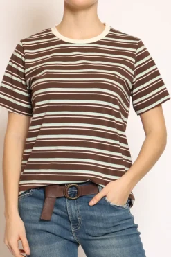 T-shirt righe girocollo moka/acqua/burro