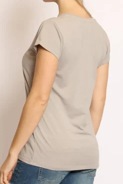 T-shirt scollo V elasticizzata mezza manica taupe