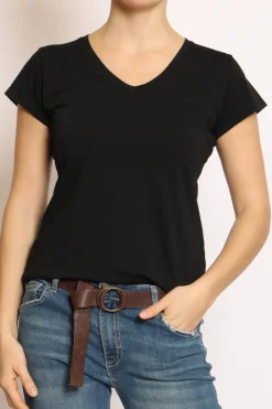 T-shirt scollo V elasticizzata mezza manica nero