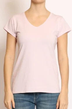 T-shirt scollo V elasticizzata mezza manica rosa