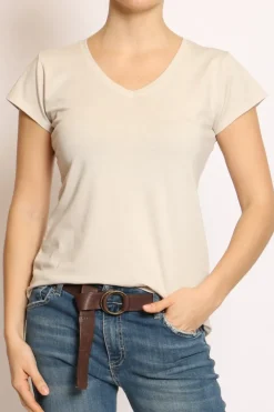 T-shirt scollo V elasticizzata mezza manica beige