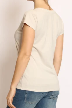 T-shirt scollo V elasticizzata mezza manica beige