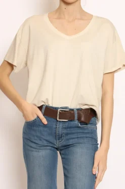 T-shirt scollo V mezza manica beige