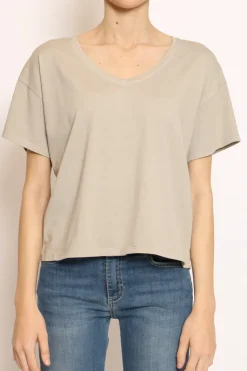 T-shirt scollo V mezza manica taupe
