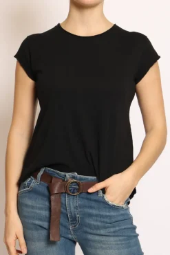 T-shirt taglio vivo cotone fiammato mezza manica nero