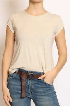 T-shirt taglio vivo cotone fiammato mezza manica beige